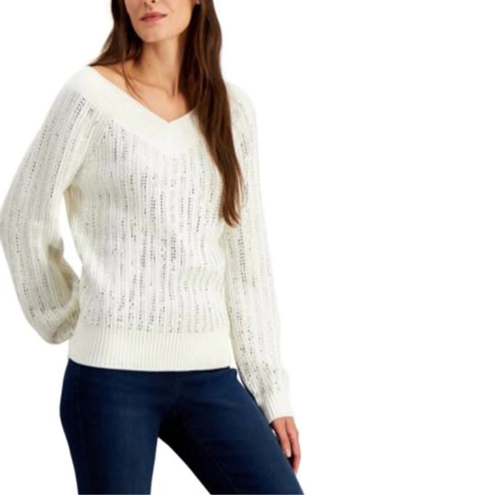 I.N.C. International Concepts Winter White V-Neck Rhinestone Sparkly Sweater S